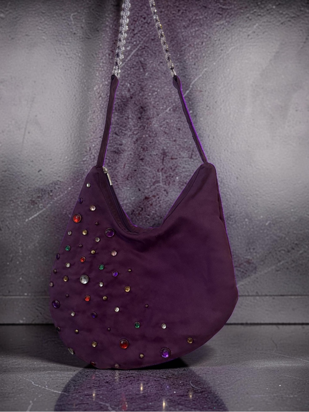Y2K  Bratz Purple Studded Gem-Embellished Hobo Bag -